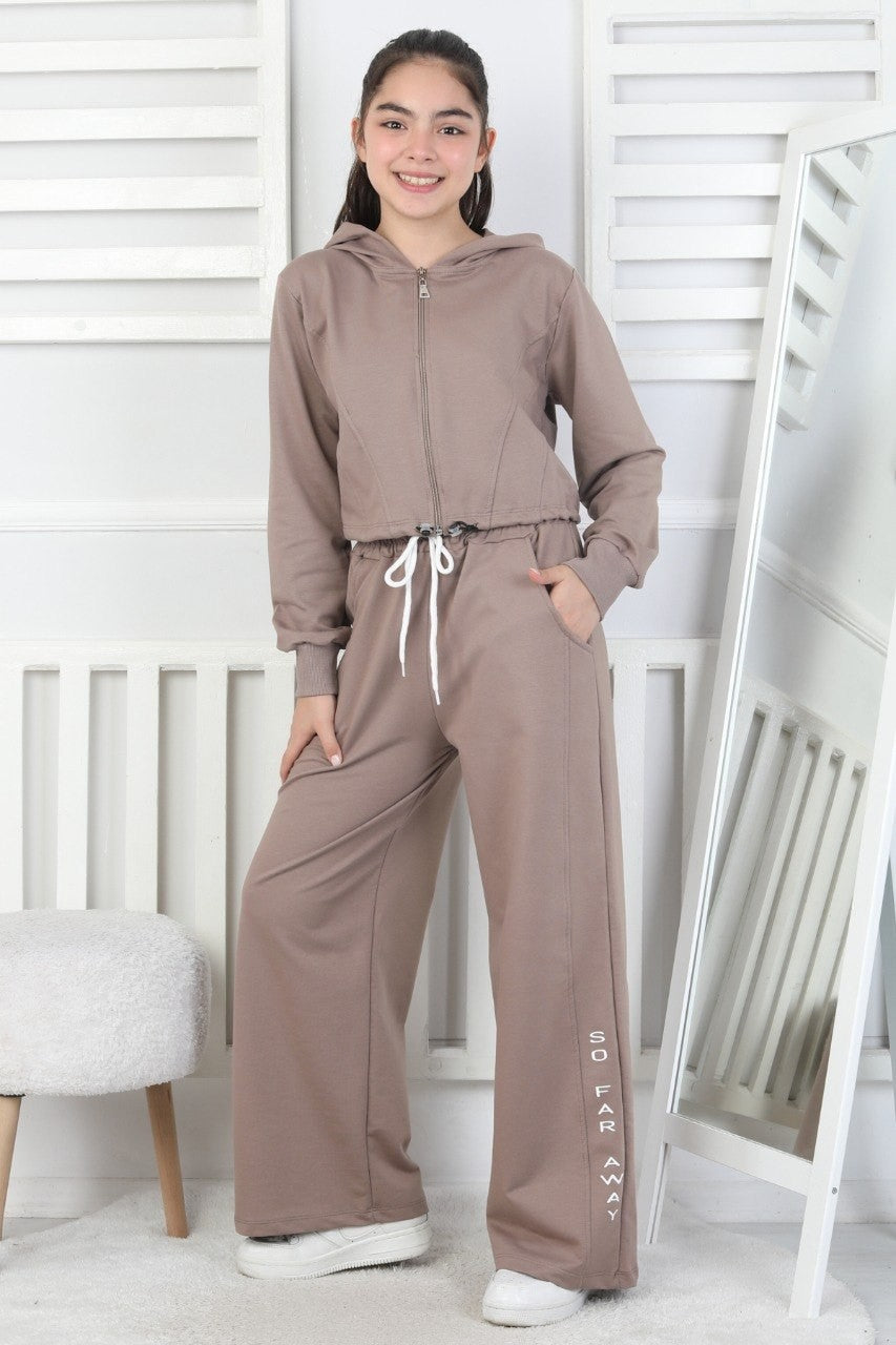 Kapüşonlu Fermuarlı Bol Paça Kız Çocuk Takım