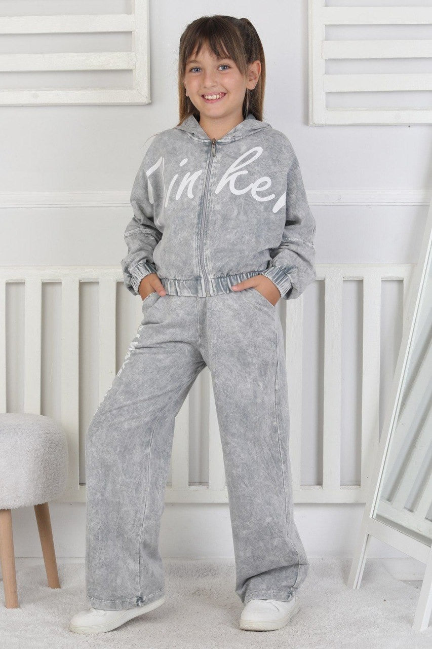 Yıkamalı Kapüşonlu Baskılı Kız Çocuk Takım