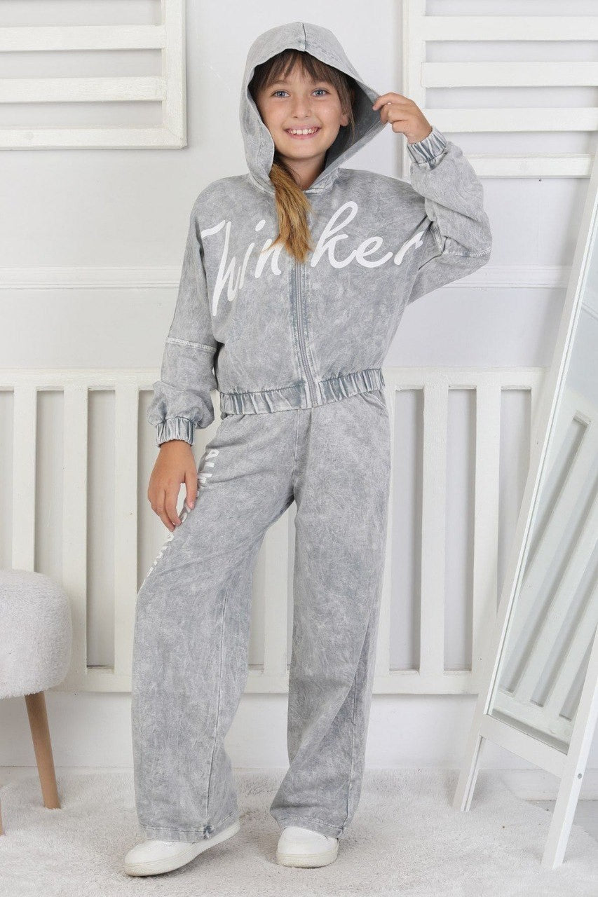 Yıkamalı Kapüşonlu Baskılı Kız Çocuk Takım