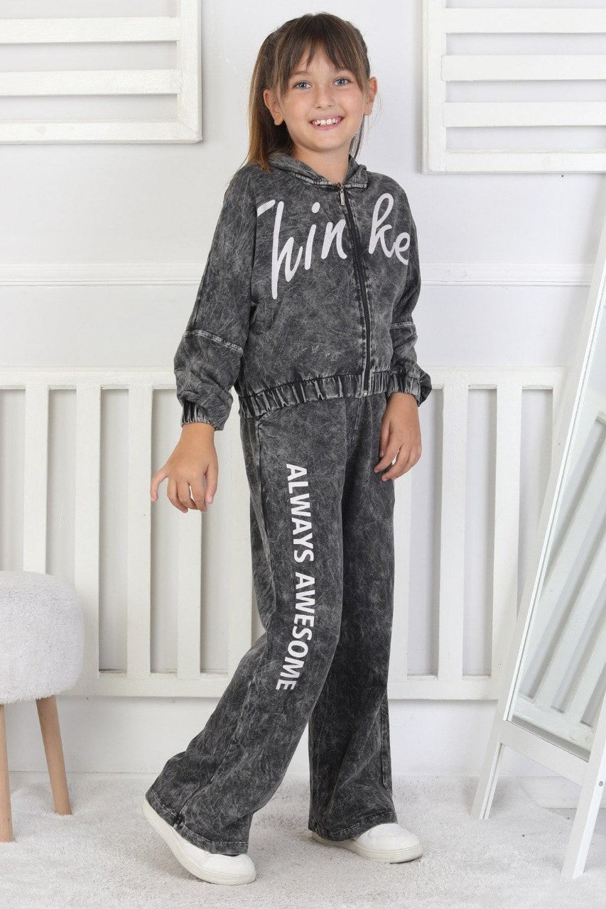 Yıkamalı Kapüşonlu Baskılı Kız Çocuk Takım