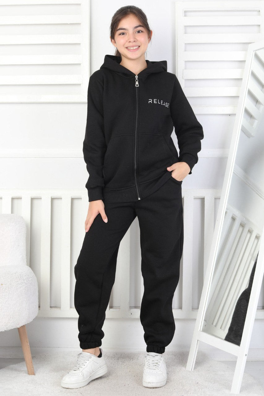 Şardonlu 3 İplik Kapşonlu Baskılı Kız Çocuk Takım