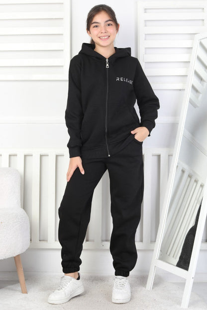 Şardonlu 3 İplik Kapşonlu Baskılı Kız Çocuk Takım