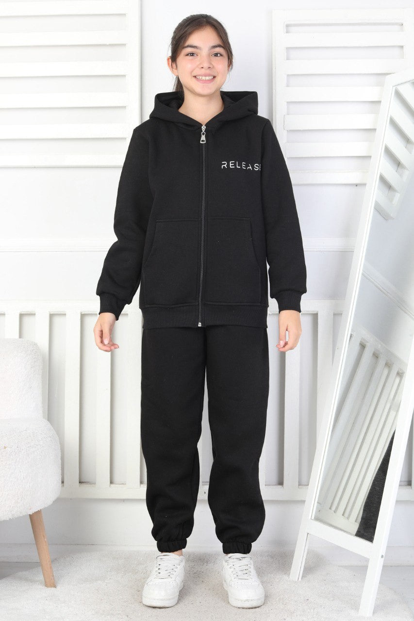 Şardonlu 3 İplik Kapşonlu Baskılı Kız Çocuk Takım