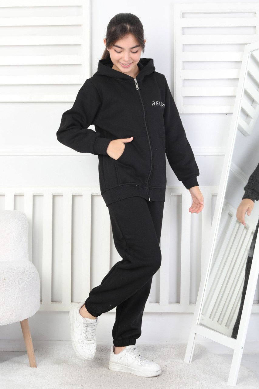 Şardonlu 3 İplik Kapşonlu Baskılı Kız Çocuk Takım