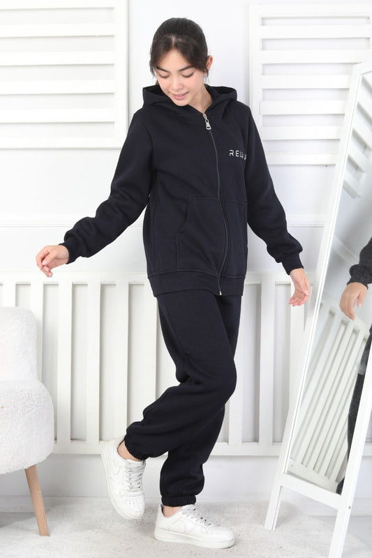 Şardonlu 3 İplik Kapşonlu Baskılı Kız Çocuk Takım