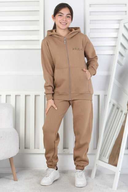 Şardonlu 3 İplik Kapşonlu Baskılı Kız Çocuk Takım