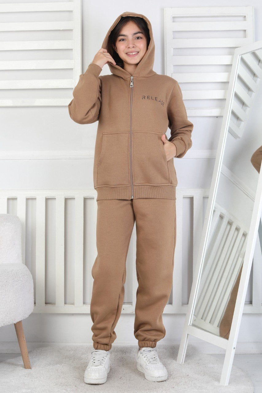 Şardonlu 3 İplik Kapşonlu Baskılı Kız Çocuk Takım