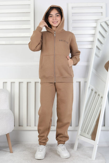 Şardonlu 3 İplik Kapşonlu Baskılı Kız Çocuk Takım