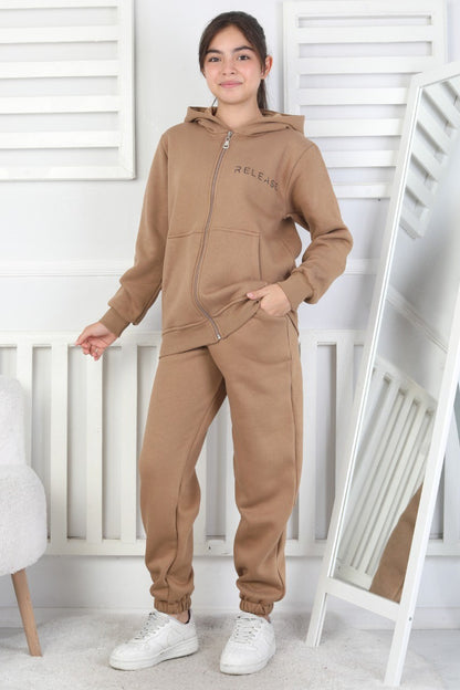 Şardonlu 3 İplik Kapşonlu Baskılı Kız Çocuk Takım