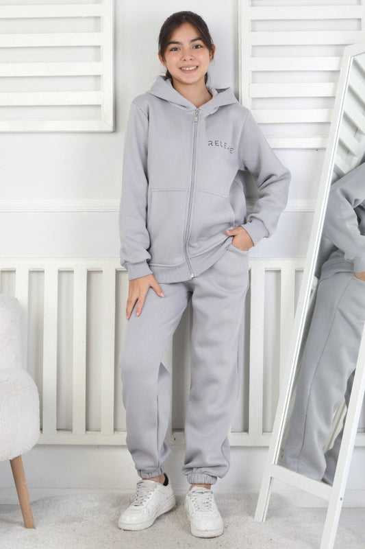 Şardonlu 3 İplik Kapşonlu Baskılı Kız Çocuk Takım