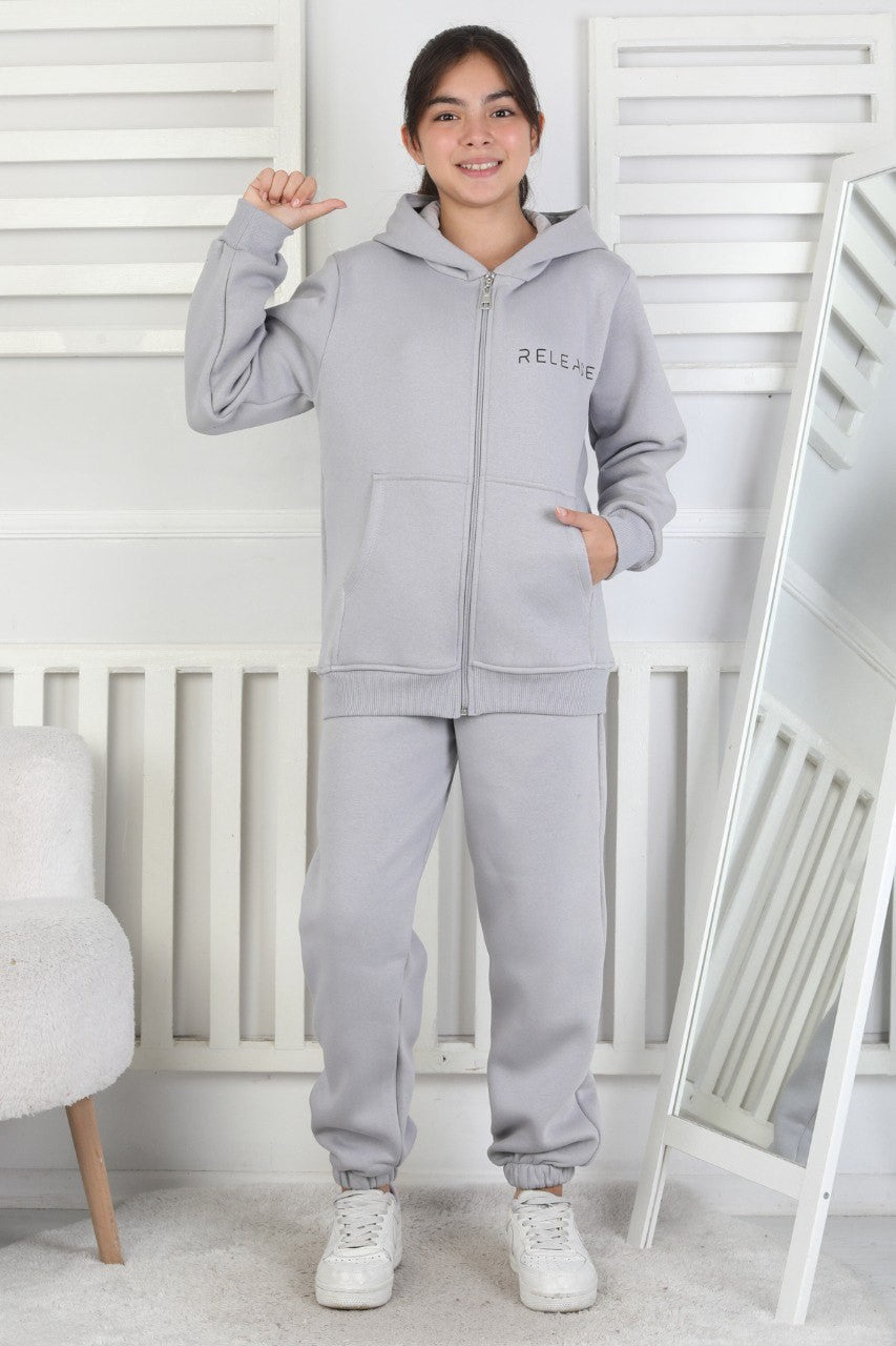 Şardonlu 3 İplik Kapşonlu Baskılı Kız Çocuk Takım