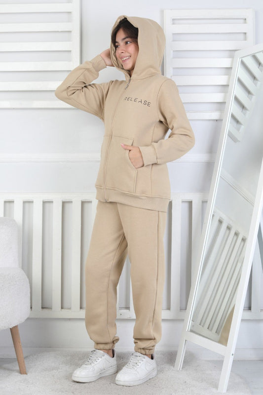 Şardonlu 3 İplik Kapşonlu Baskılı Kız Çocuk Takım