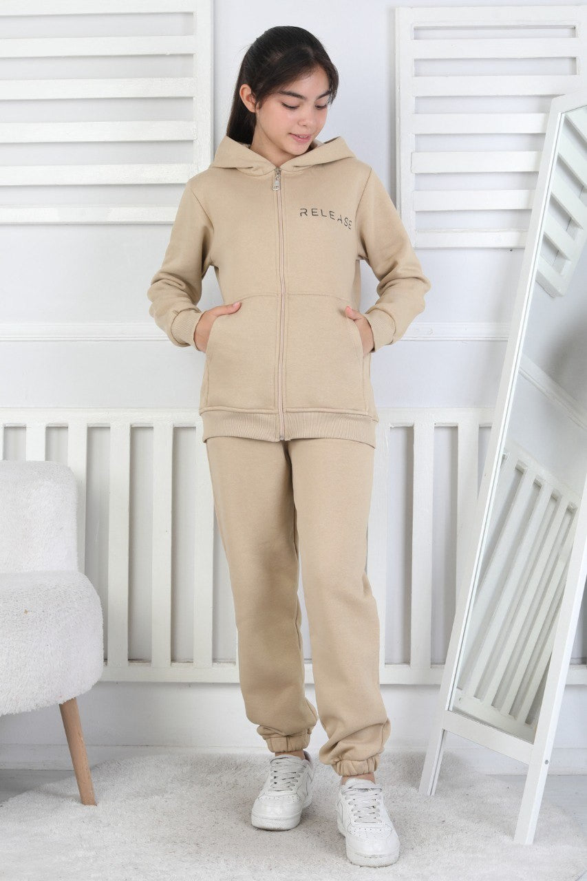 Şardonlu 3 İplik Kapşonlu Baskılı Kız Çocuk Takım