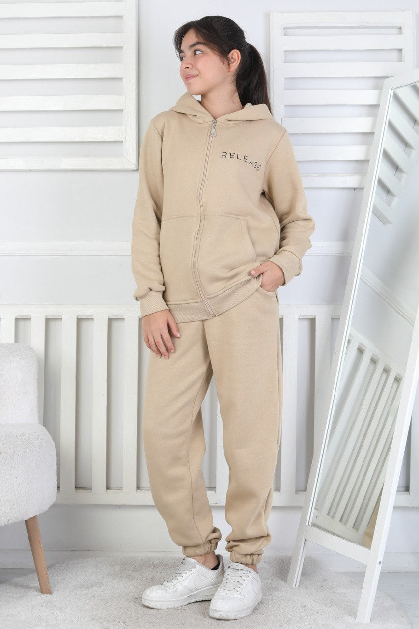 Şardonlu 3 İplik Kapşonlu Baskılı Kız Çocuk Takım