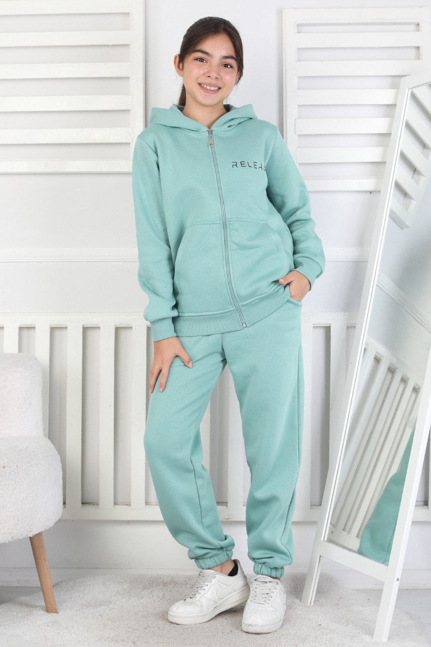 Şardonlu 3 İplik Kapşonlu Baskılı Kız Çocuk Takım