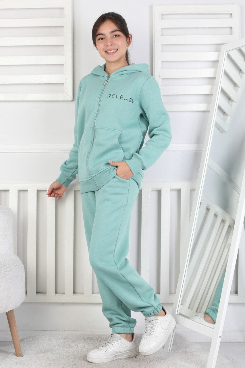 Şardonlu 3 İplik Kapşonlu Baskılı Kız Çocuk Takım