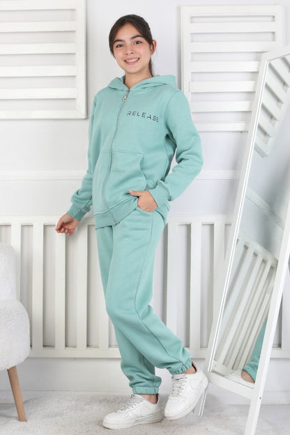 Şardonlu 3 İplik Kapşonlu Baskılı Kız Çocuk Takım