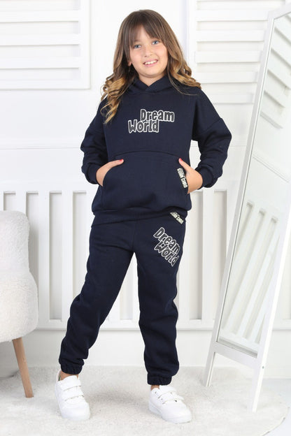 Şardonlu 3 İplik Baskılı Kapşonlu Kız Çocuk Takım