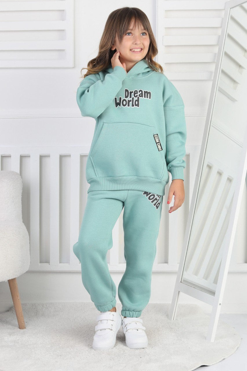 Şardonlu 3 İplik Baskılı Kapşonlu Kız Çocuk Takım