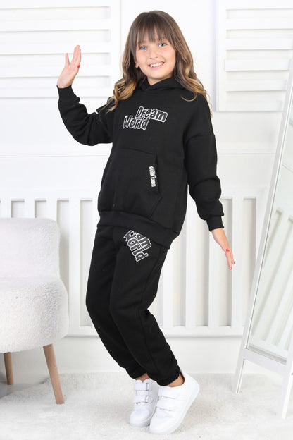 Şardonlu 3 İplik Baskılı Kapşonlu Kız Çocuk Takım