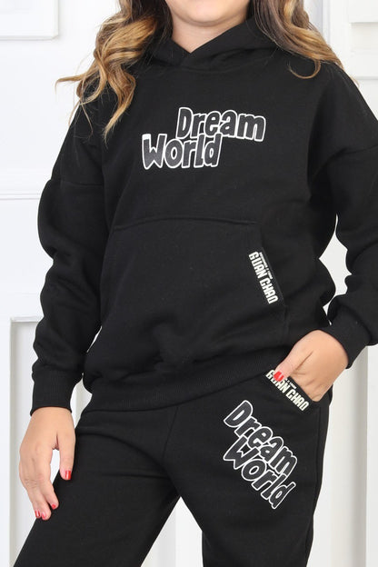 Şardonlu 3 İplik Baskılı Kapşonlu Kız Çocuk Takım