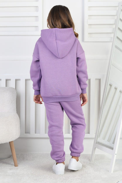 Şardonlu 3 İplik Baskılı Kapşonlu Kız Çocuk Takım