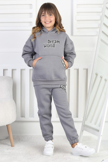 Şardonlu 3 İplik Baskılı Kapşonlu Kız Çocuk Takım