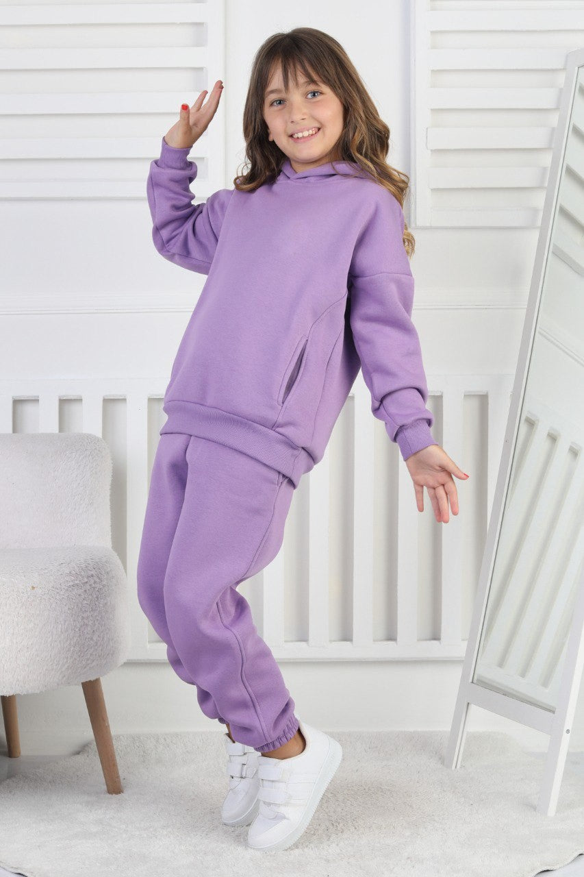 Şardonlu 3 İplik Baskılı Kapşonlu Kız Çocuk Takım