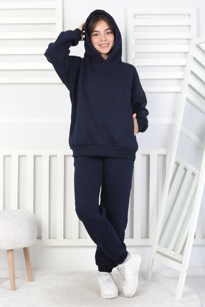 Şardonlu 3 İplik Baskılı Kapşonlu Kız Çocuk Takım