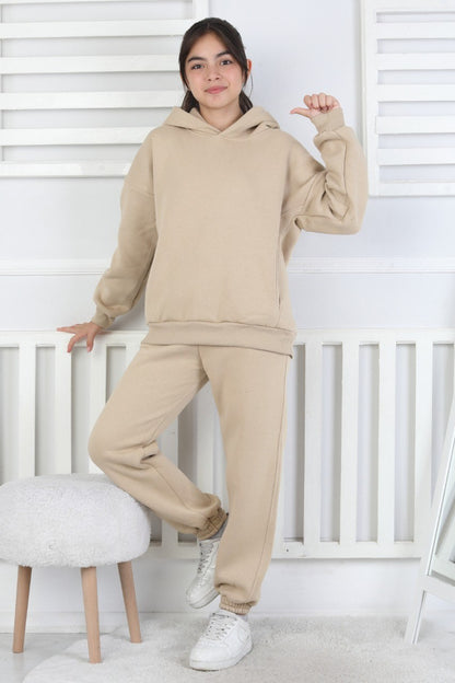 Şardonlu 3 İplik Baskılı Kapşonlu Kız Çocuk Takım