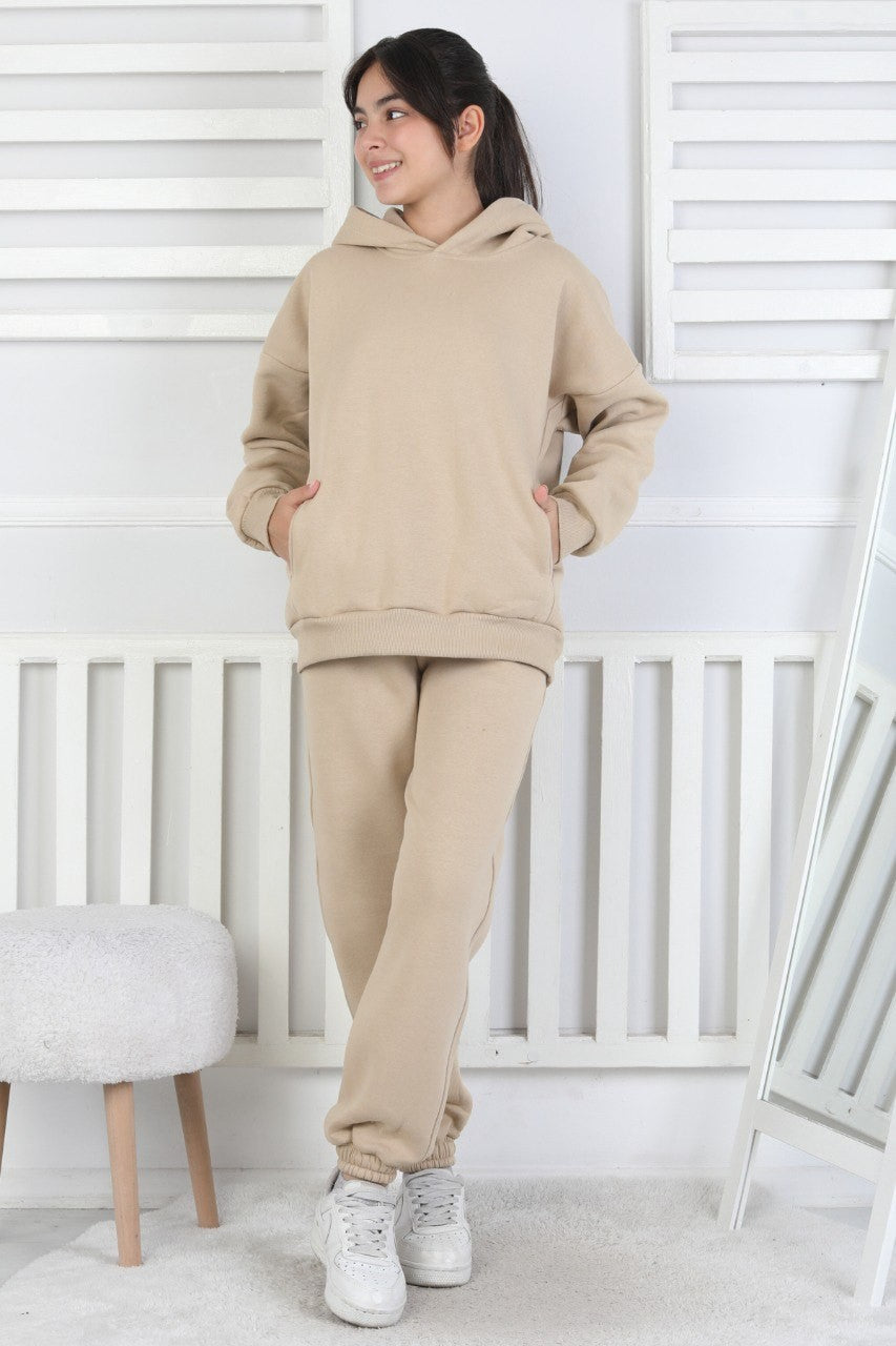 Şardonlu 3 İplik Baskılı Kapşonlu Kız Çocuk Takım