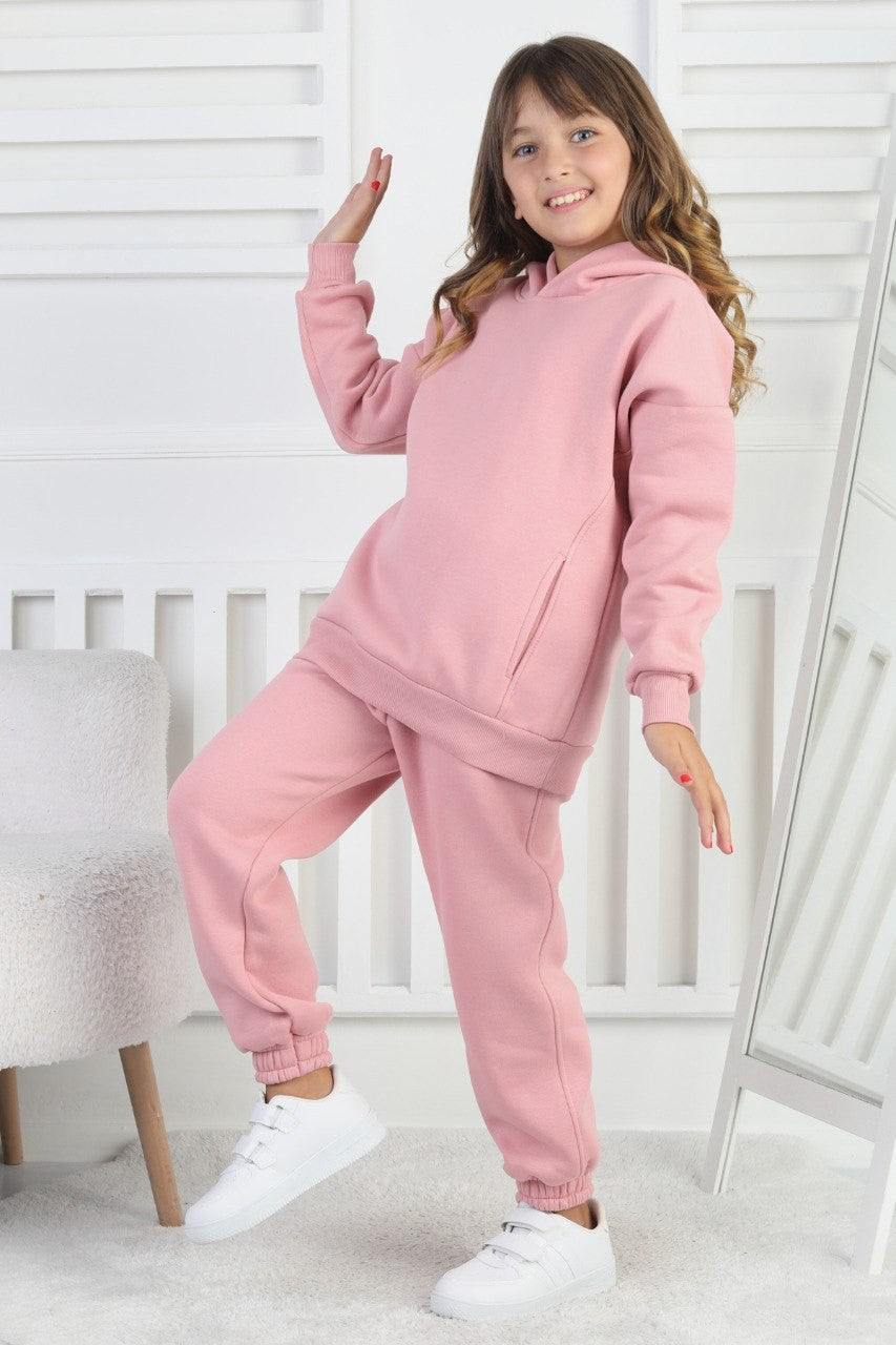 Şardonlu 3 İplik Baskılı Kapşonlu Kız Çocuk Takım