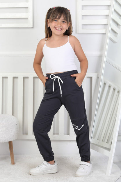 İki İplik Baskılı Kız Çocuk Lastikli Paça Eşofman Altı