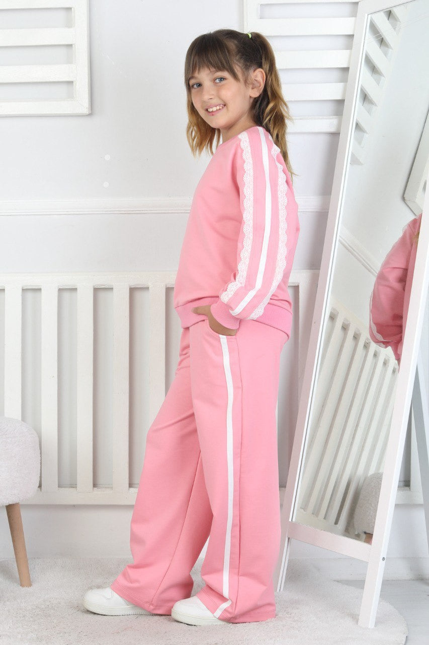 İki İplik Güpürlü Çizgili Kız Çocuk Takım