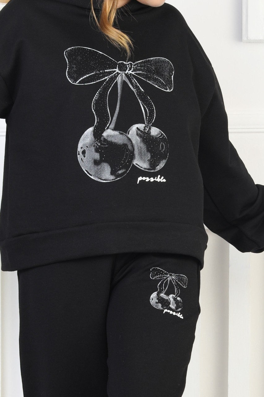 İki İplik Kapüşonlu Baskılı Kız Çocuk Takım