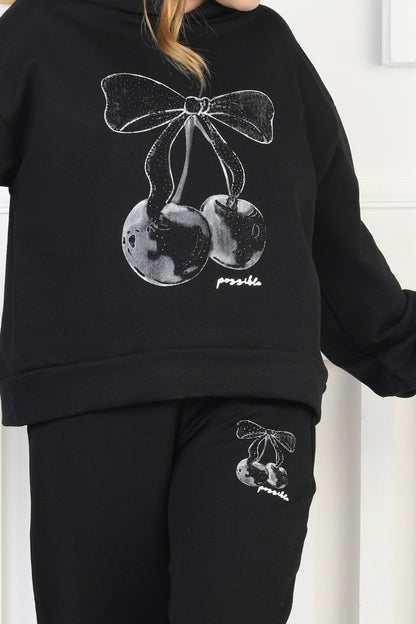 İki İplik Kapüşonlu Baskılı Kız Çocuk Takım