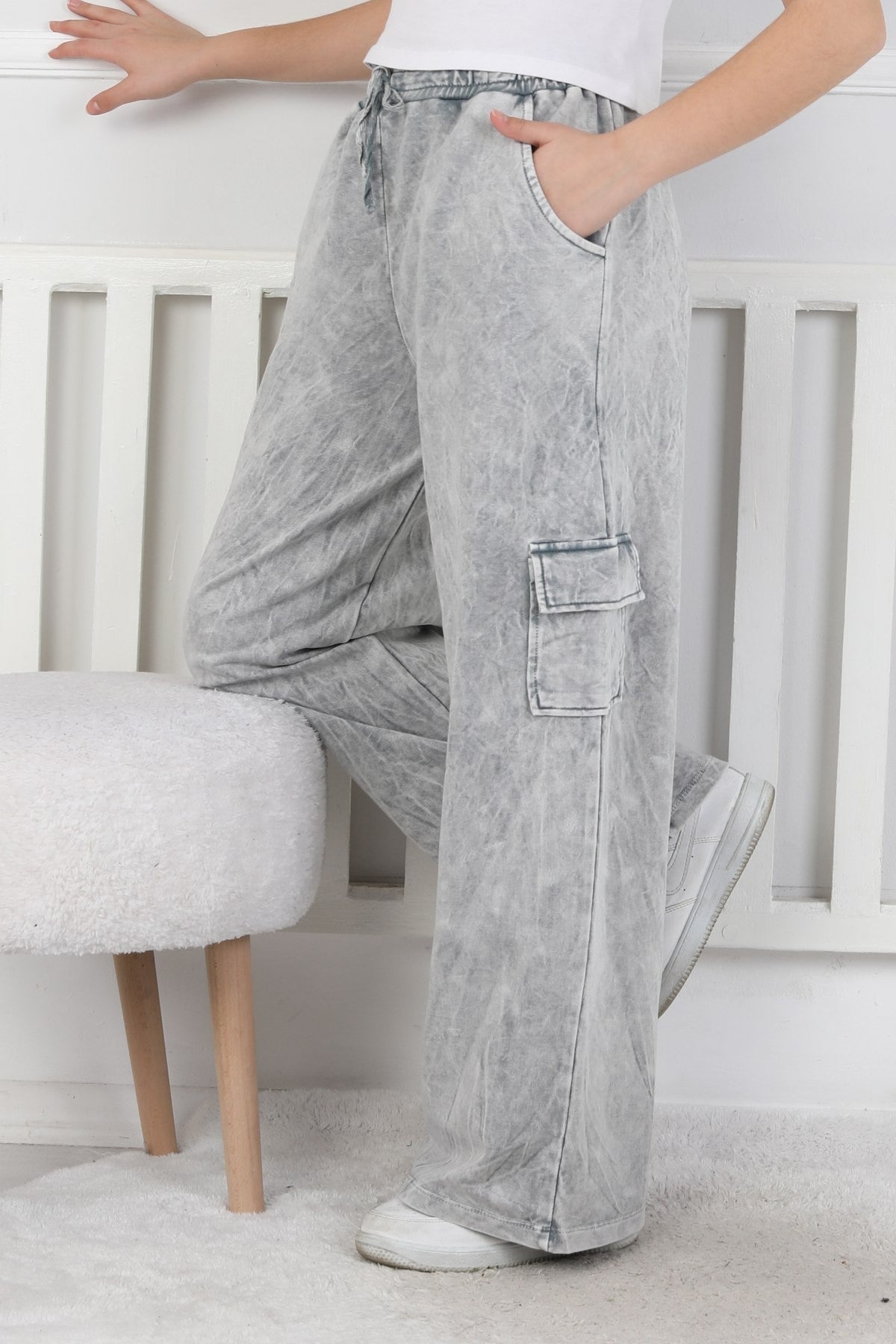 İki İplik Yıkamalı Kargo Çepli Kız Çocuk Eşofman Altı