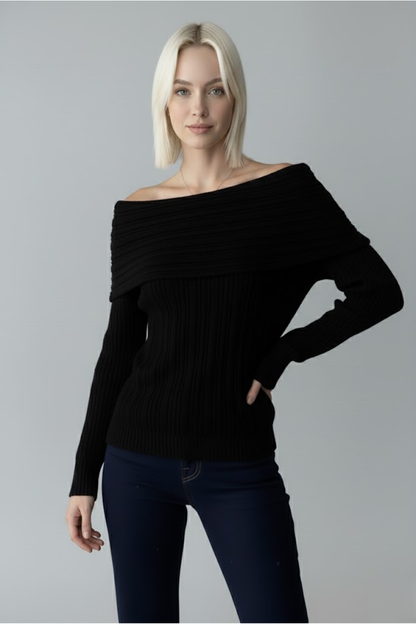 Kadın Siyah Madonna Yaka Fitilli Triko Kazak - Omuz Açık Yumuşak Dokulu Esnek Örme Modeli