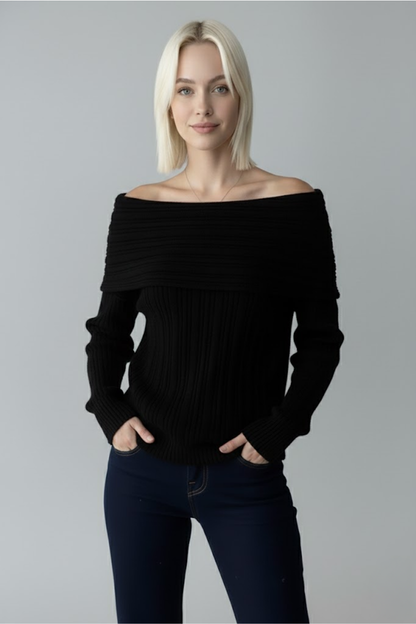 Kadın Siyah Madonna Yaka Fitilli Triko Kazak - Omuz Açık Yumuşak Dokulu Esnek Örme Modeli