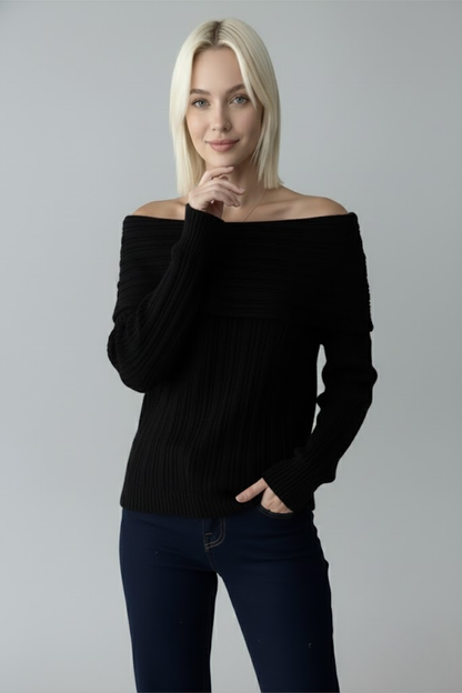 Kadın Siyah Madonna Yaka Fitilli Triko Kazak - Omuz Açık Yumuşak Dokulu Esnek Örme Modeli