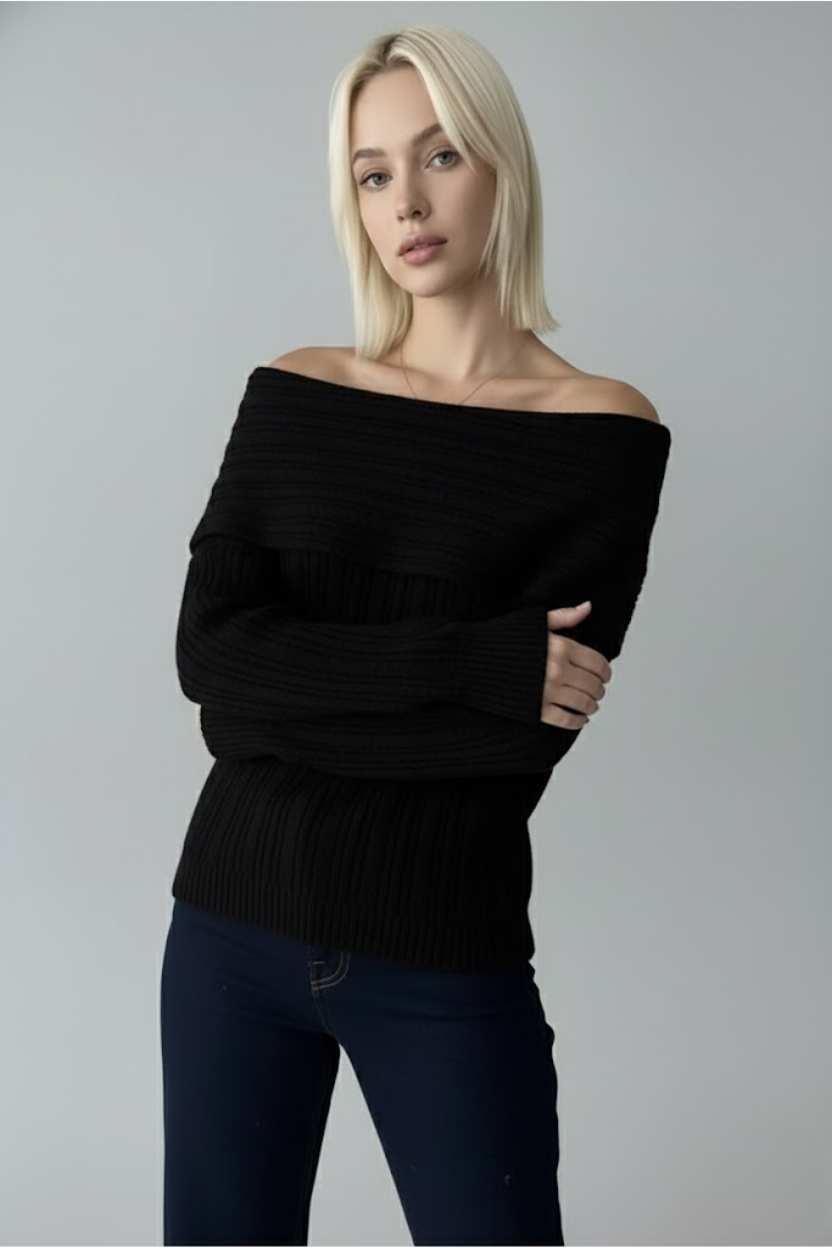 Kadın Siyah Madonna Yaka Fitilli Triko Kazak - Omuz Açık Yumuşak Dokulu Esnek Örme Modeli