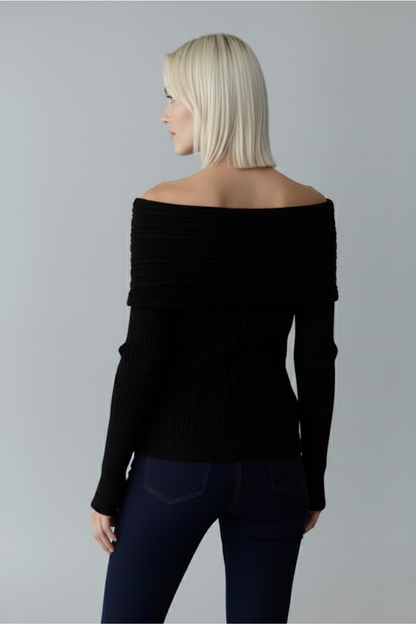 Kadın Siyah Madonna Yaka Fitilli Triko Kazak - Omuz Açık Yumuşak Dokulu Esnek Örme Modeli
