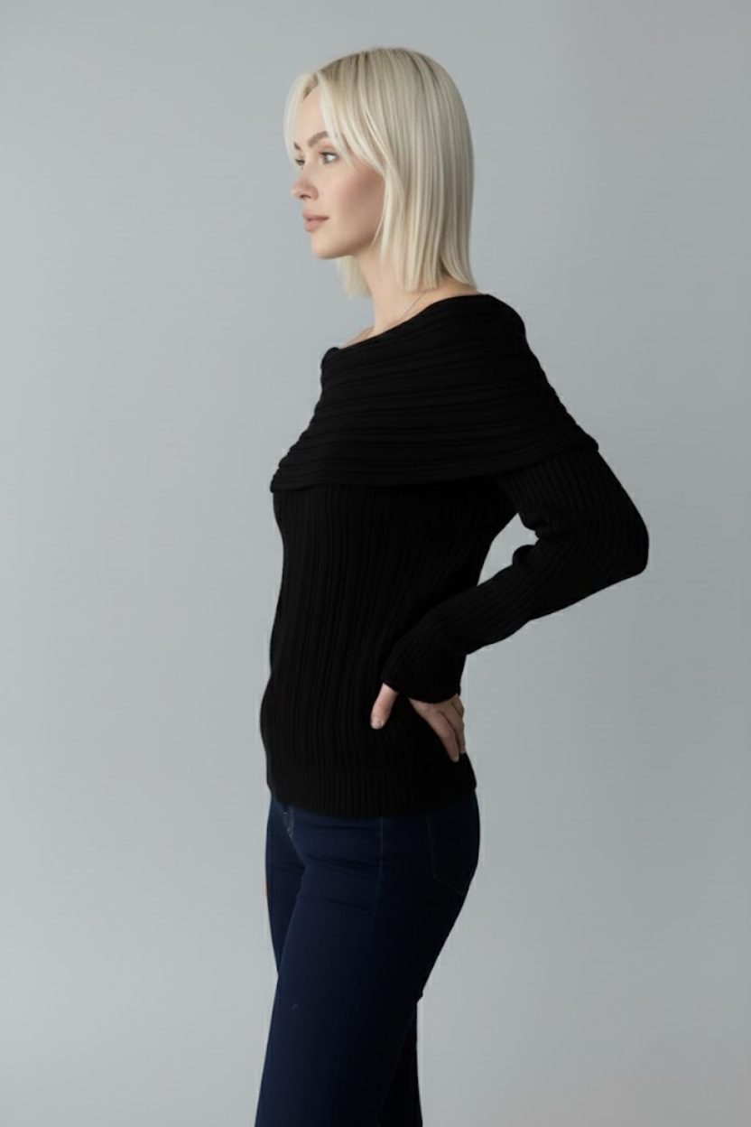 Kadın Siyah Madonna Yaka Fitilli Triko Kazak - Omuz Açık Yumuşak Dokulu Esnek Örme Modeli