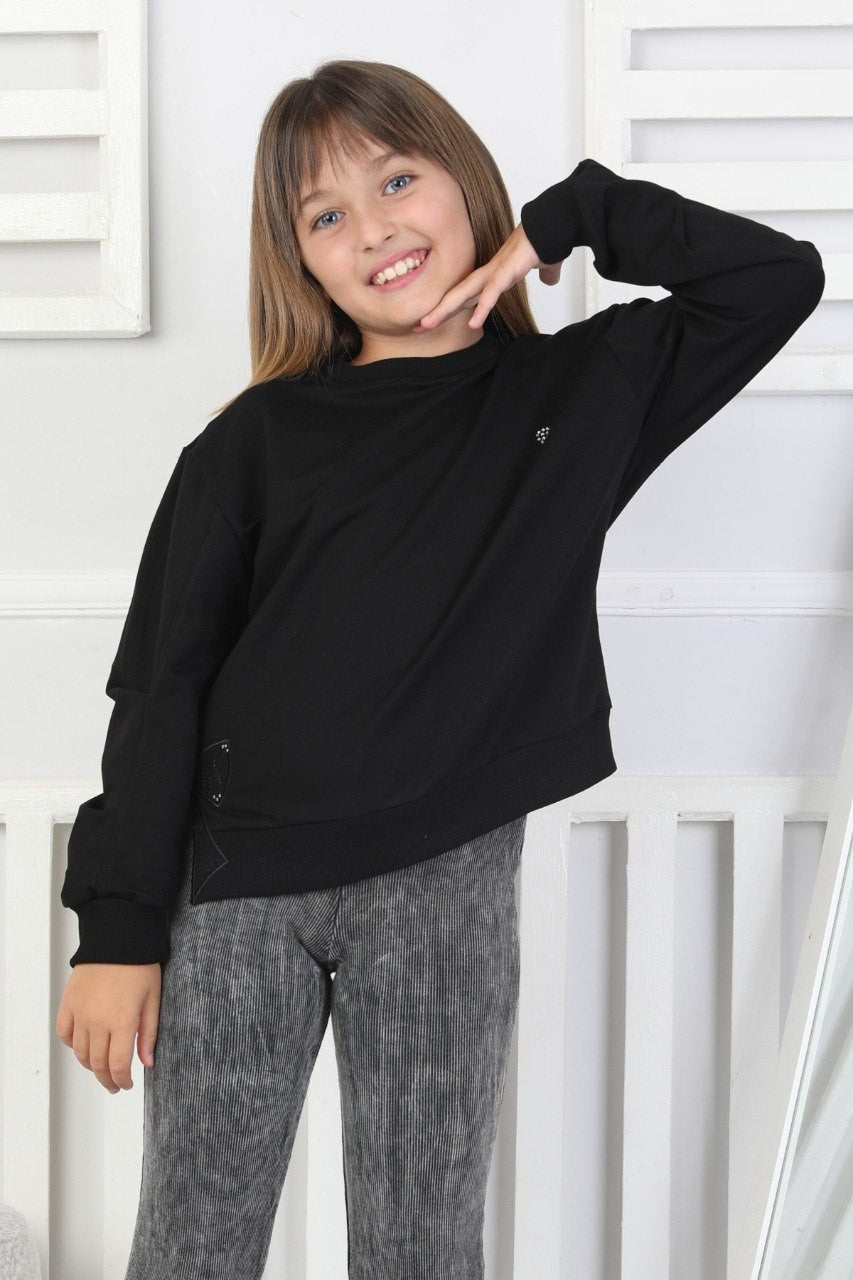 Baskılı Yanı Yırtmaçlı Kız Çocuk Sweatshirt