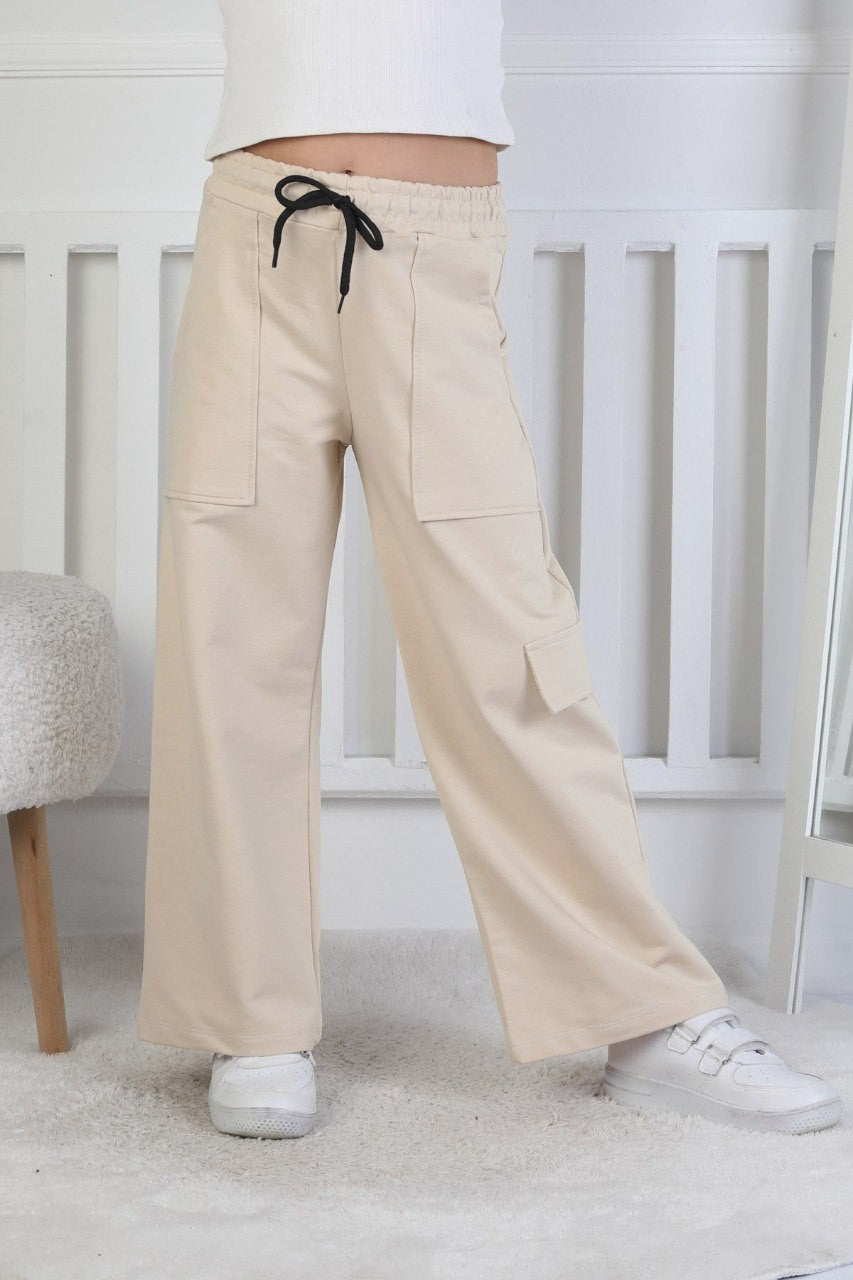 İki İplik Tek Paçası Kargo Çepli Kız Çocuk Eşofman Altı