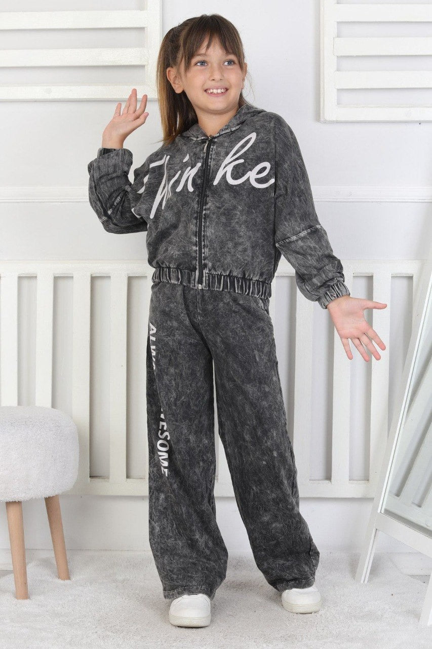 Yıkamalı Kapüşonlu Baskılı Kız Çocuk Takım