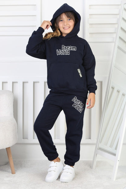 Şardonlu 3 İplik Baskılı Kapşonlu Kız Çocuk Takım