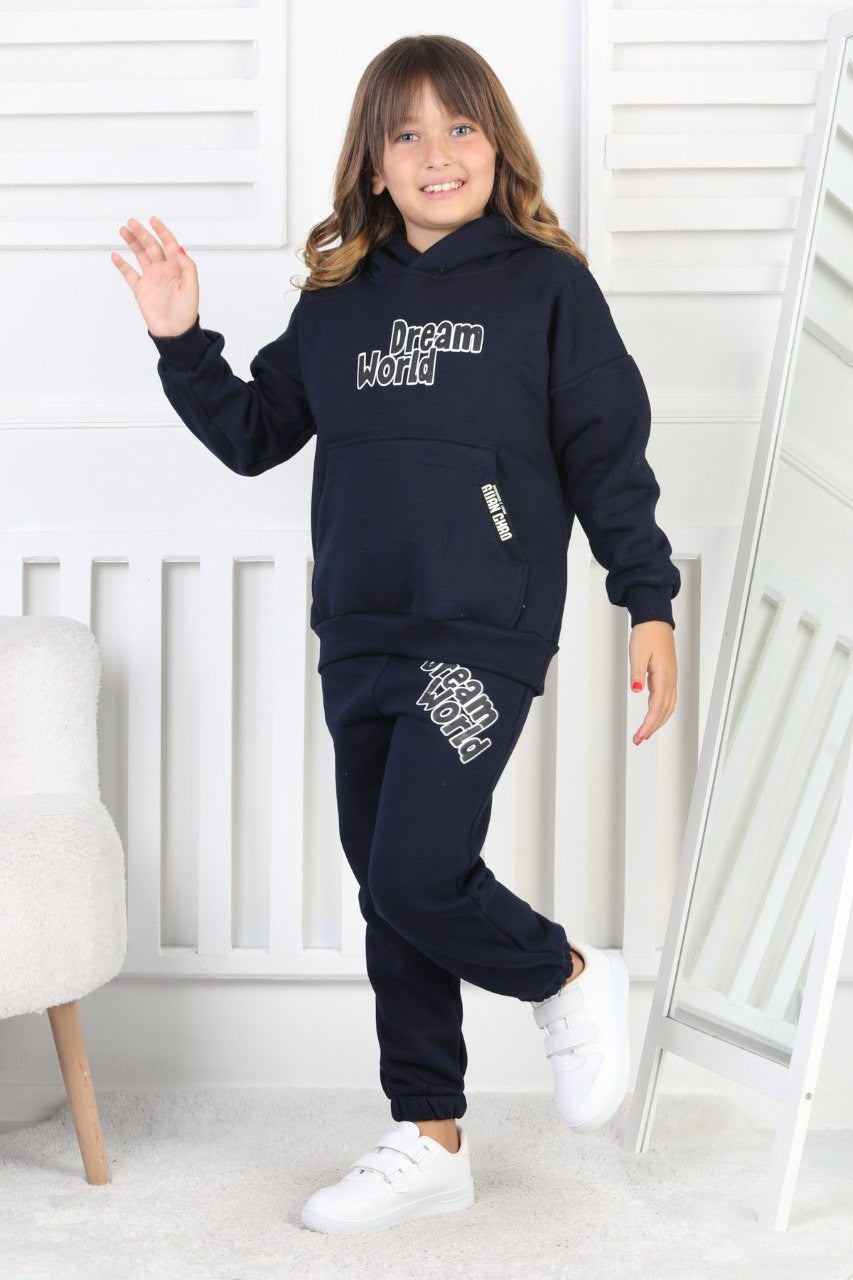 Şardonlu 3 İplik Baskılı Kapşonlu Kız Çocuk Takım