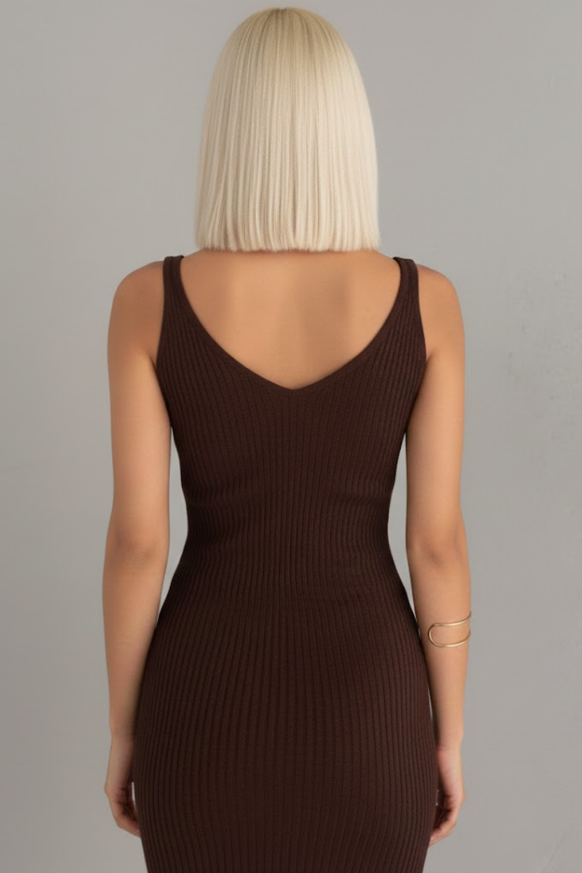 Kadın Kahverengi Ajurlu Delikli Kazak ve Fitilli Triko Elbise İkili Takım - Yumuşak Dokulu Örme Alt Üst Takım