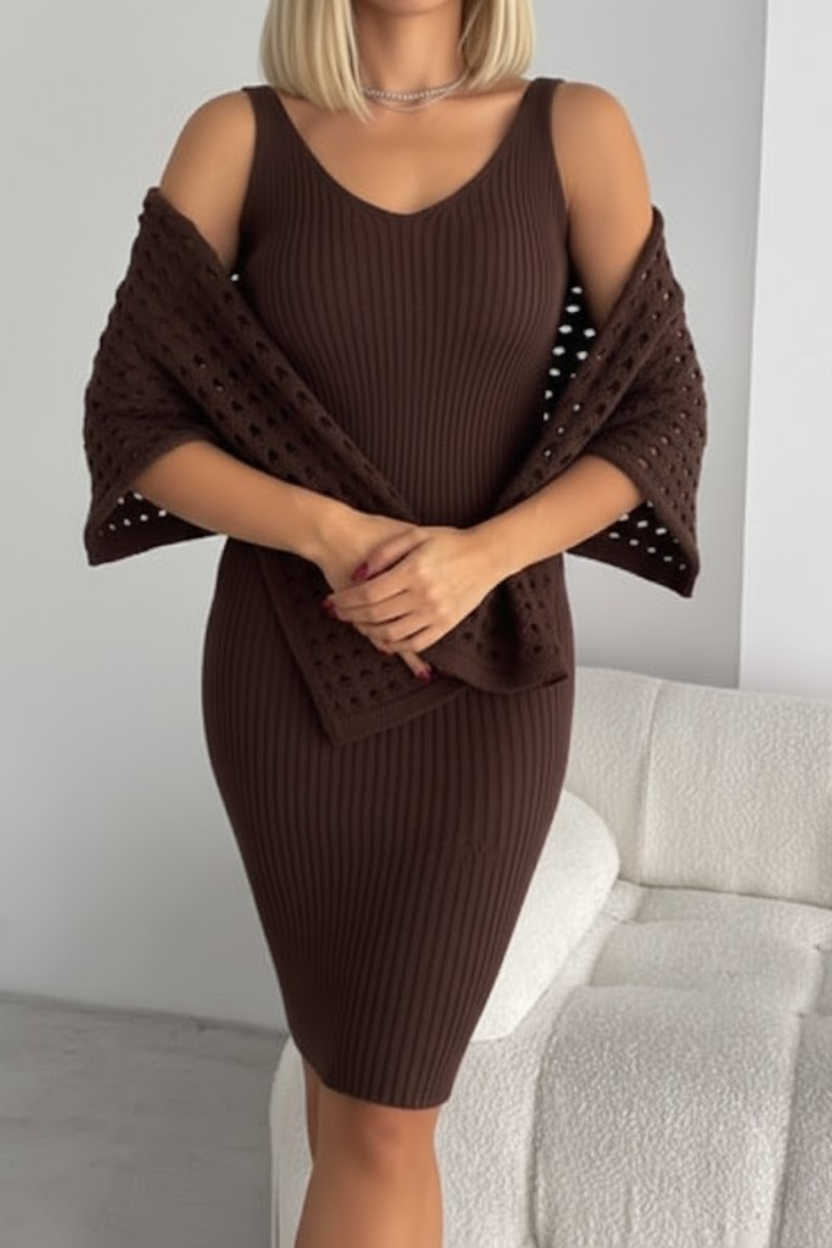 Kadın Kahverengi Ajurlu Delikli Kazak ve Fitilli Triko Elbise İkili Takım - Yumuşak Dokulu Örme Alt Üst Takım